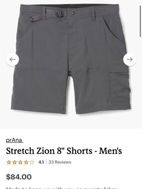 Prana Stretch Zion 8" Men's Shorts - Charcoal Gray/Shadow